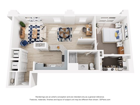 Floor plan for 1 bed, 1 bath, 775 sqft